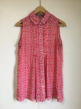 Christina B Coral Pink & White Tribal Print Button Up Pintuck Semi Sheer Tank M
